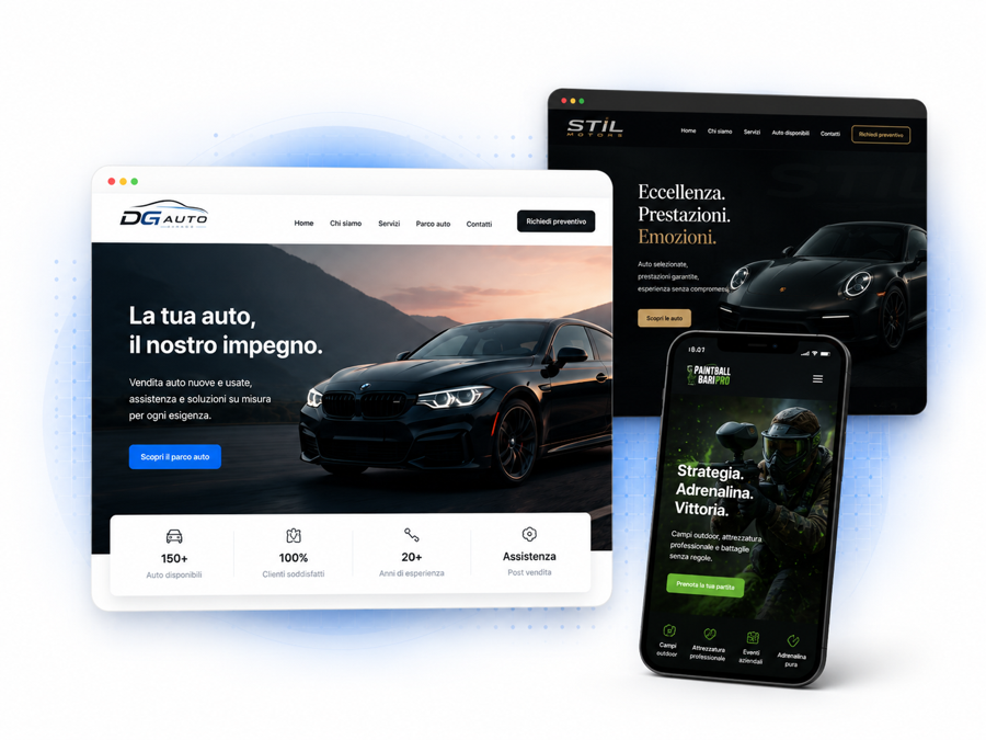Mockup di siti web automotive e attività esperienziali realizzati da WebTeam Solutions.