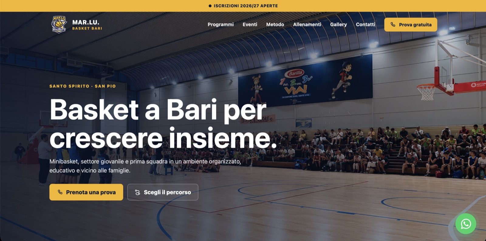 Homepage di MAR.LU. Basket Bari con hero sportiva e call to action per prova gratuita