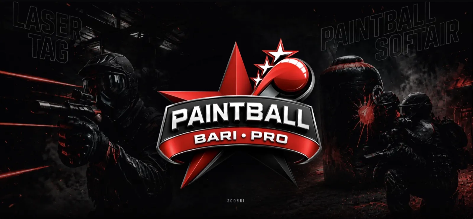 Homepage di Paintball Bari Pro con ambientazione scura e animazioni 3D